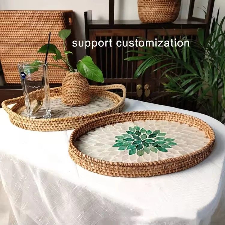 Creative hand woven natural kitchen serving rattan shell tray storage oval rattan tray for food