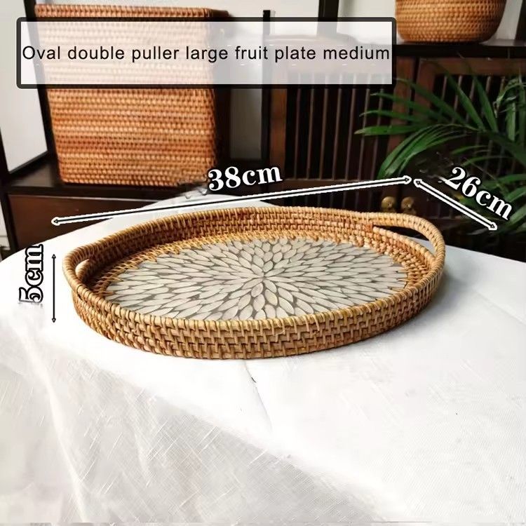 Creative hand woven natural kitchen serving rattan shell tray storage oval rattan tray for food