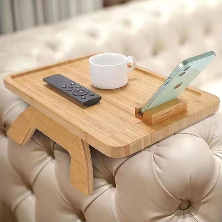 Custom bamboo sofa armrest tray table with cell phone holder foldable clip sofa arm tray