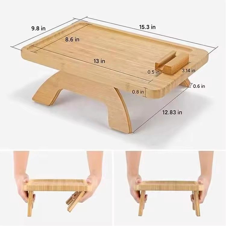 Custom bamboo sofa armrest tray table with cell phone holder foldable clip sofa arm tray