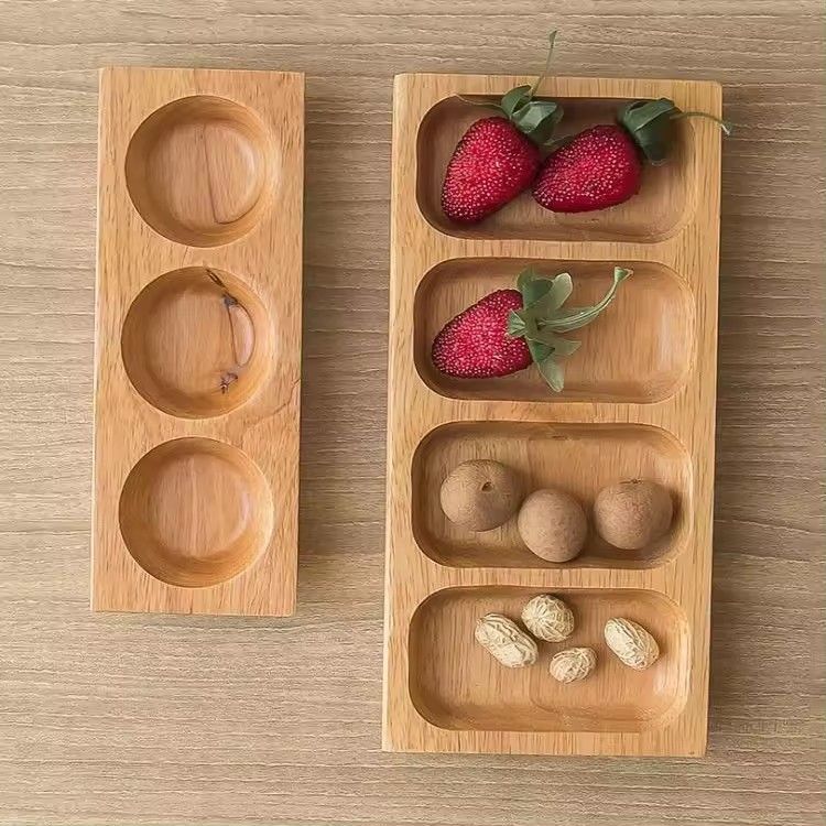 Custom divided tray wholesale fruit plates rubber wood dessert split plate set