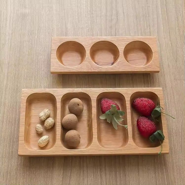 Custom divided tray wholesale fruit plates rubber wood dessert split plate set