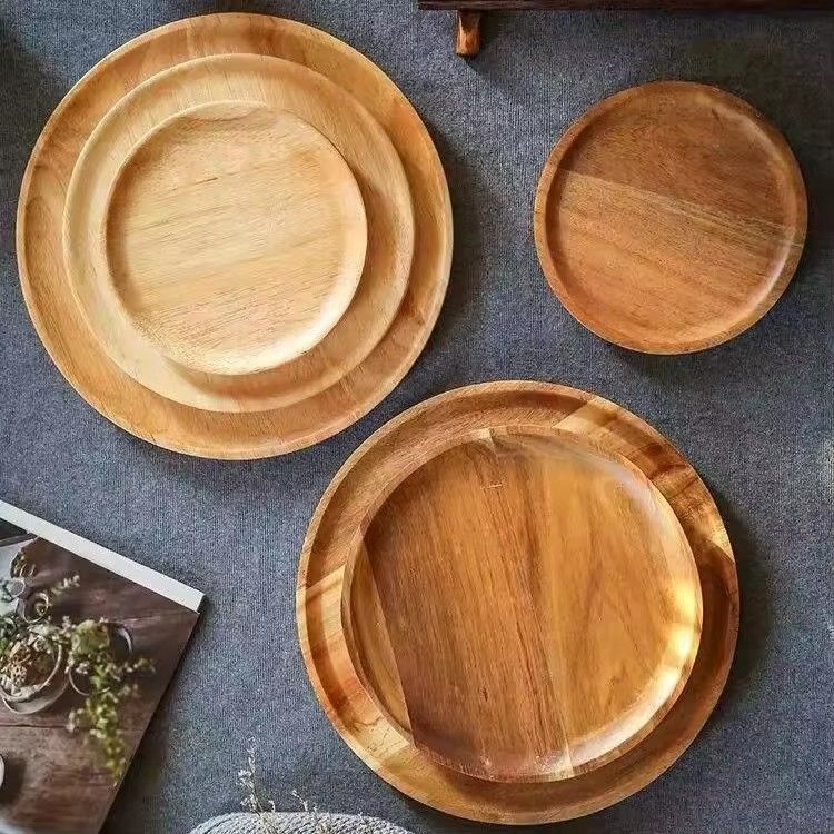 Custom wooden charger plate home hotel restaurant breakfast food serving rustic round acacia wood tray