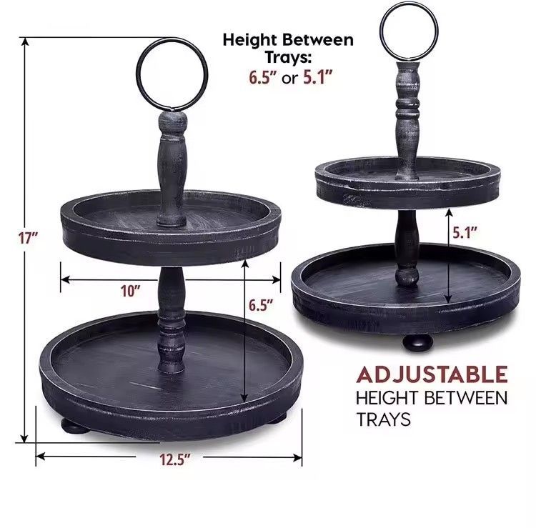 Farmhouse Rustic Vintage Distressed Black Wood Tiered Tray Stand Antique2-Tier Decorative Serving Tray