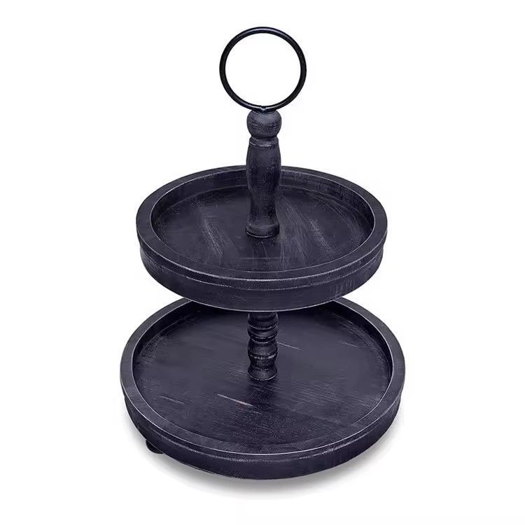 Farmhouse Rustic Vintage Distressed Black Wood Tiered Tray Stand Antique2-Tier Decorative Serving Tray