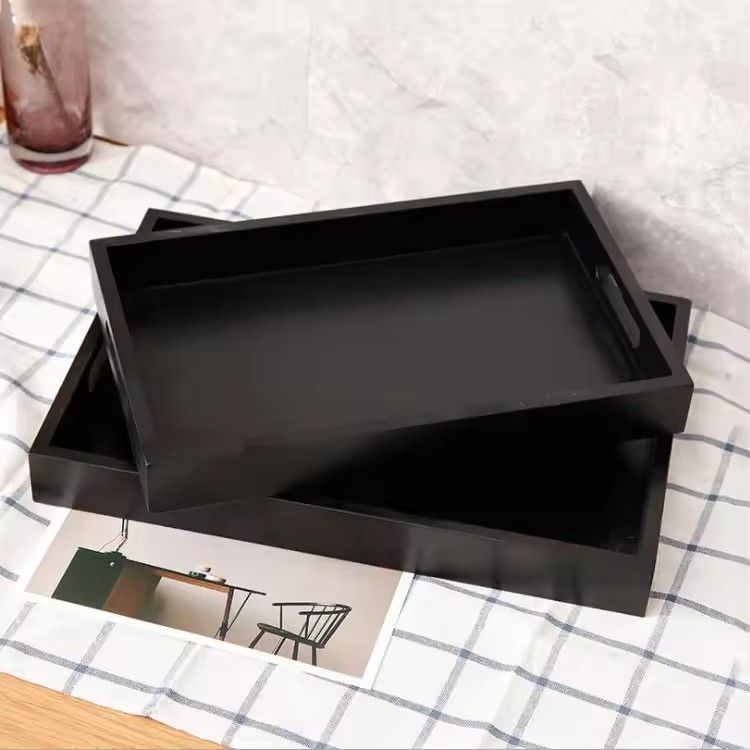 High quality custom serving tray beautiful black paint pine wood tea tray with handle