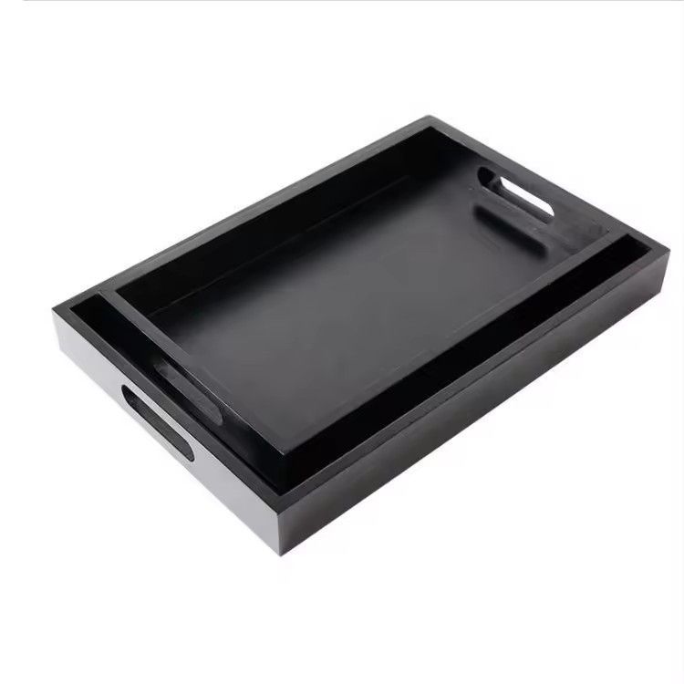 High quality custom serving tray beautiful black paint pine wood tea tray with handle