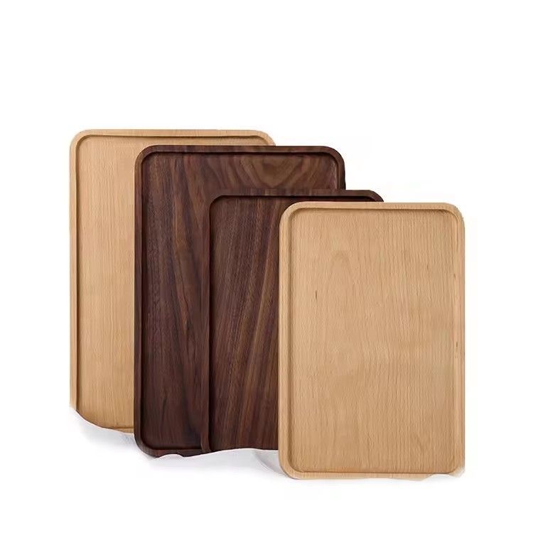 High Quality Rectangle Wooden Coffee Trays Beech Walnut Carved Wood Serving Tray for Bread & Food