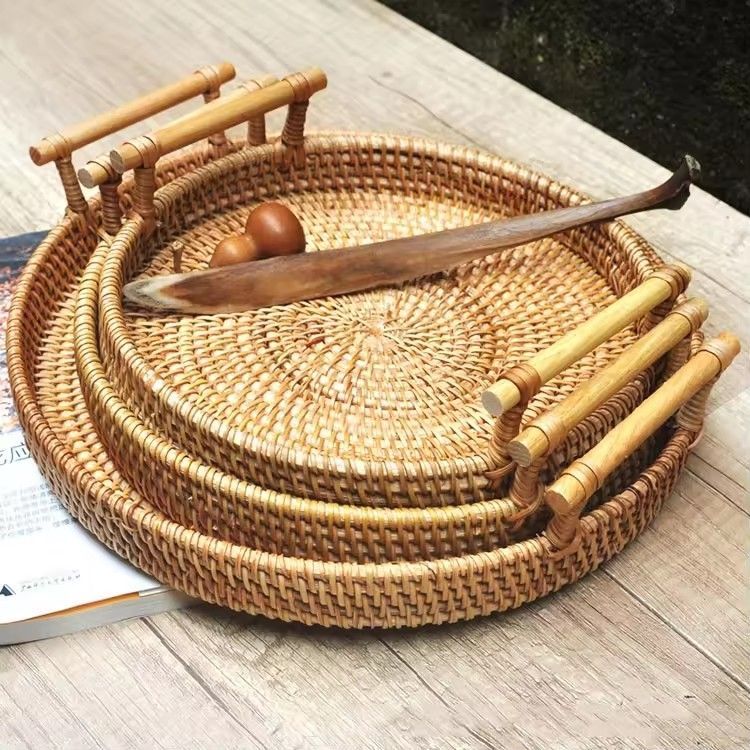 Home decor customized desktop wicker vine tray with handle round rattan serving tray