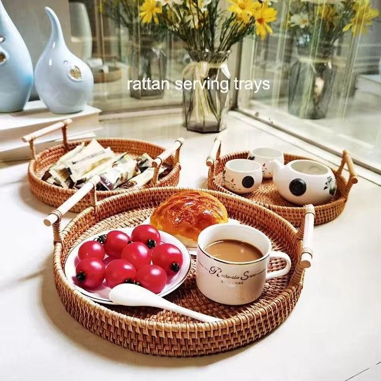 Home decor customized desktop wicker vine tray with handle round rattan serving tray