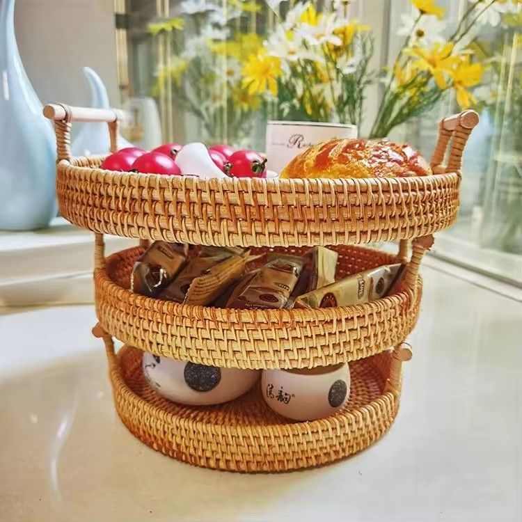 Home decor customized desktop wicker vine tray with handle round rattan serving tray