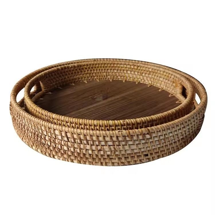 Home decor customized desktop wicker vine tray with handle round rattan serving tray