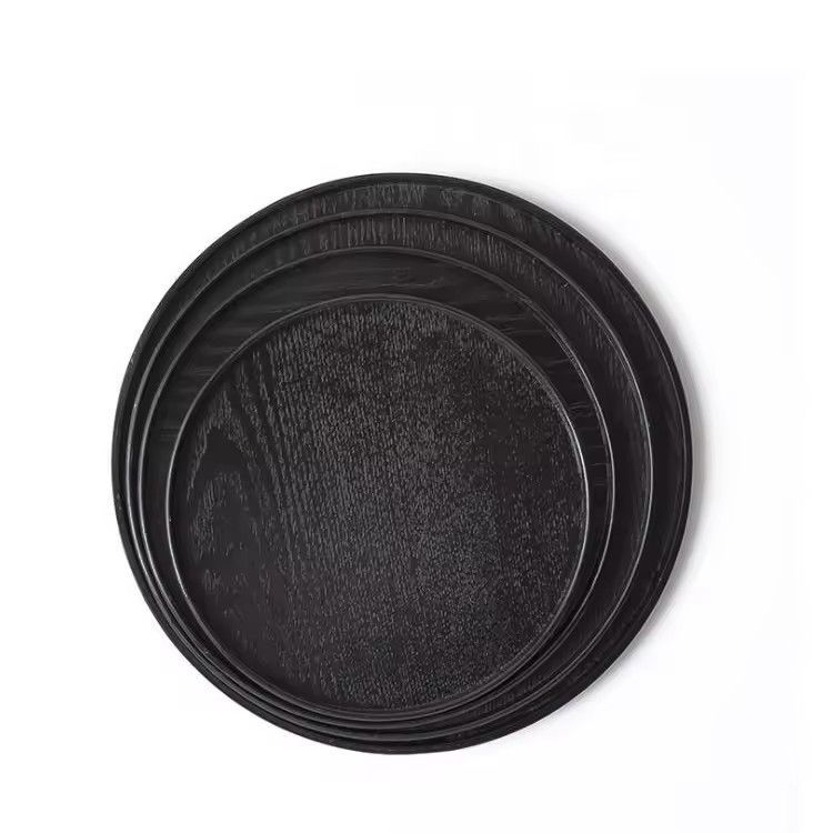 Hot sale hotel restaurant round black wooden plate tray cheap wood tray tea serving