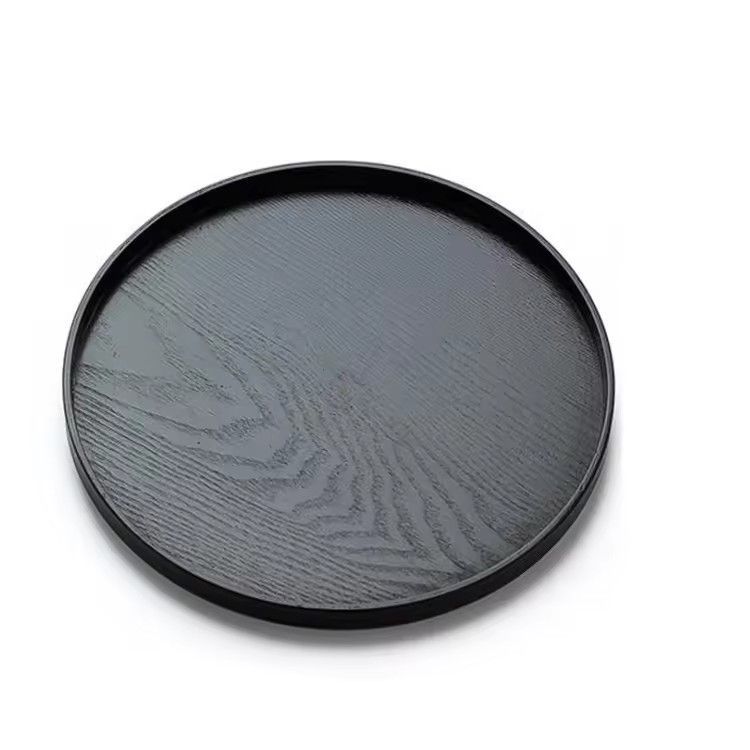 Hot sale hotel restaurant round black wooden plate tray cheap wood tray tea serving