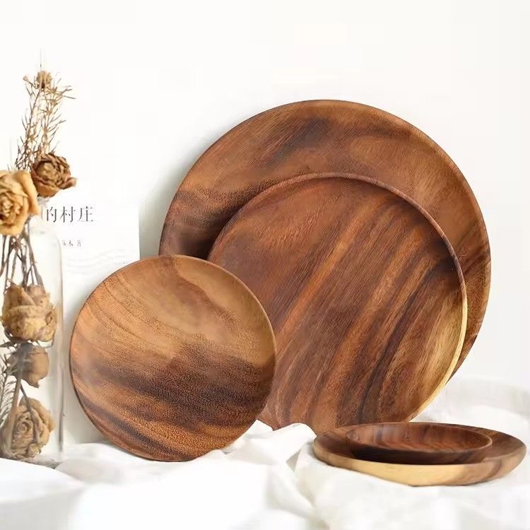 Natural wood steak serving tray customized logo unfinished round acacia wood dinner plate