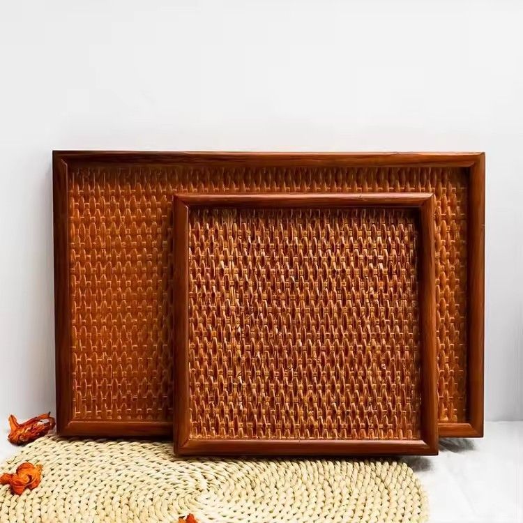 Wholesale custom rectangle flat plate fraxinus chinensis wood serving rattan tray