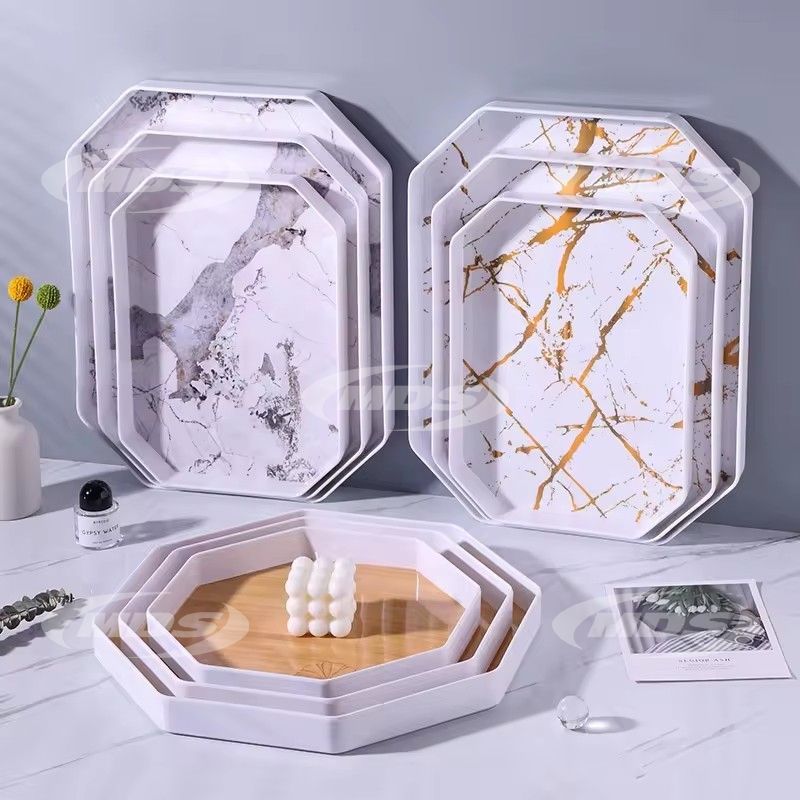 Wood grain pattern octagonal melamine plastic serving tray textured grey gold melamine storage tray