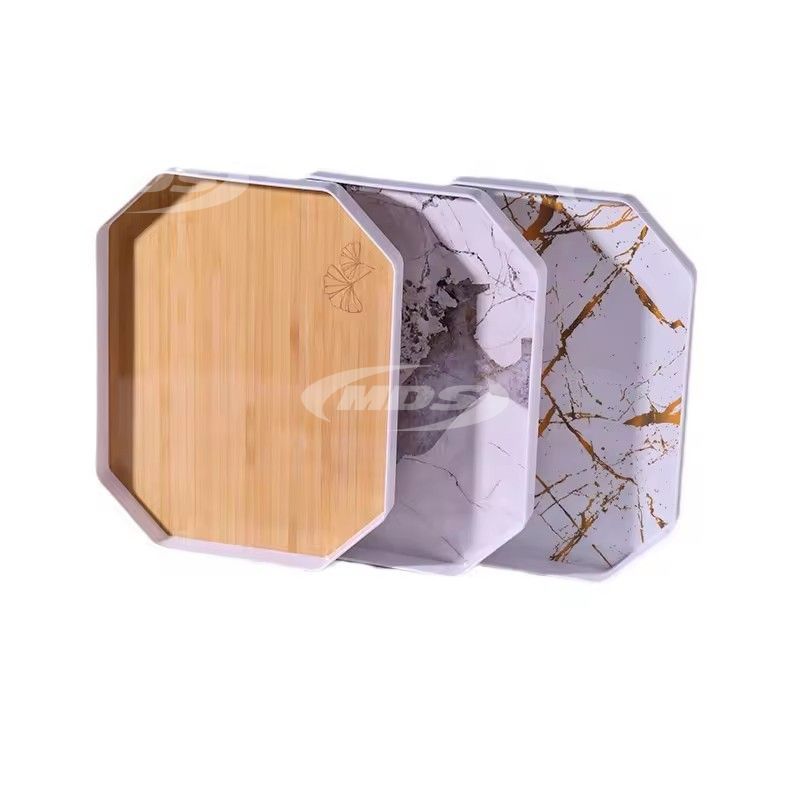 Wood grain pattern octagonal melamine plastic serving tray textured grey gold melamine storage tray