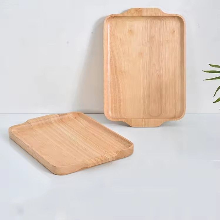 Wooden pizza cake serving trays with handle creative rectangle handmade rubber wood tray