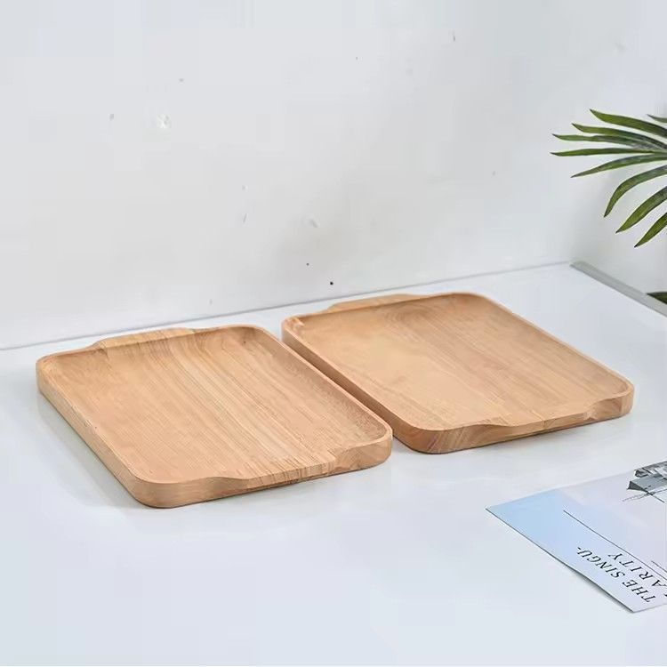 Wooden pizza cake serving trays with handle creative rectangle handmade rubber wood tray