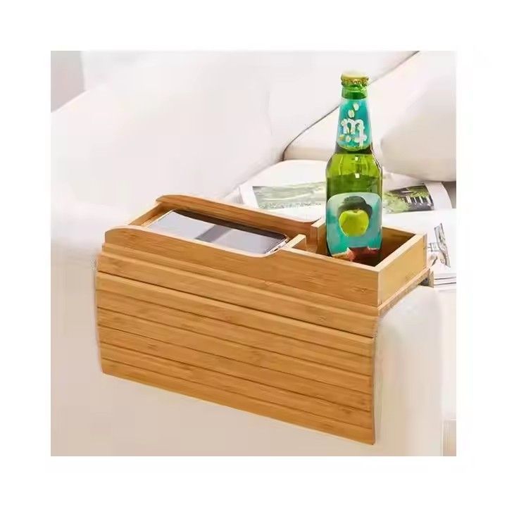 Portable foldable phone rest wooden sofa armrest clip bamboo couch cup holder tray with cup holder