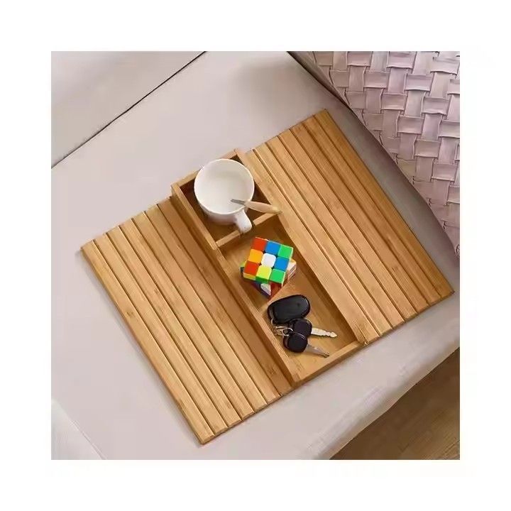 Portable foldable phone rest wooden sofa armrest clip bamboo couch cup holder tray with cup holder