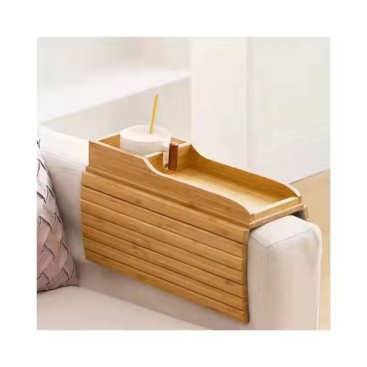 Portable foldable phone rest wooden sofa armrest clip bamboo couch cup holder tray with cup holder