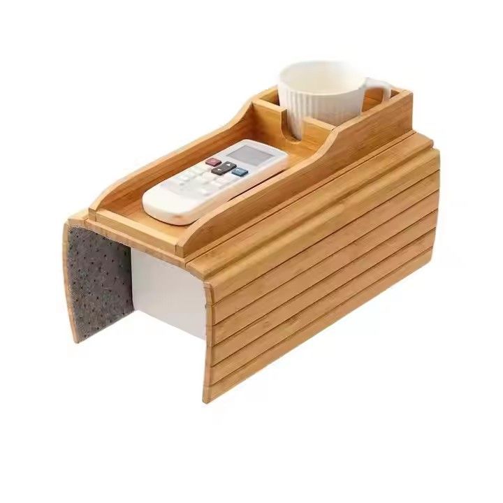 Portable foldable phone rest wooden sofa armrest clip bamboo couch cup holder tray with cup holder