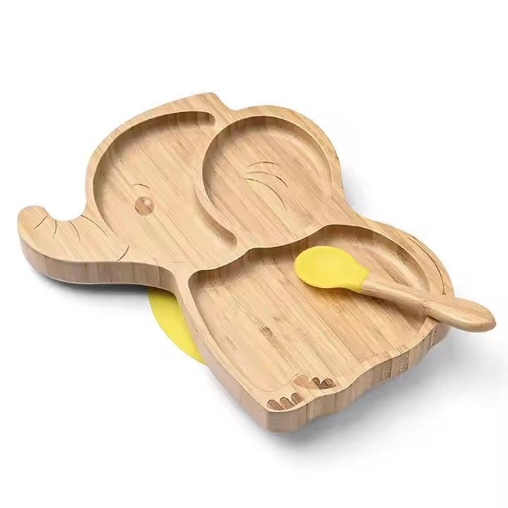 Custom cartoon baby silicone suction plate bamboo suction baby plate with spoon