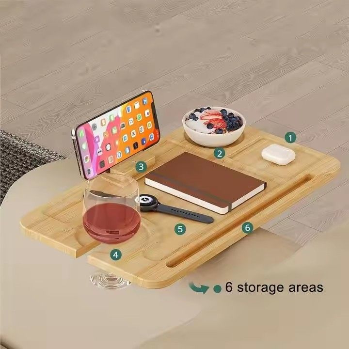 360° rotating phone holder bamboo sofa side table free standing adjustable sofa arm tray table