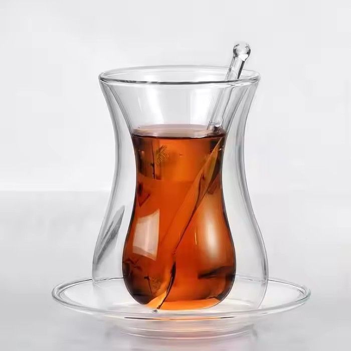 Handmade insulated turkey double wall glass coffee cup with saucer and spoon