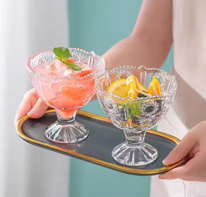 Popular Embossing Sunflower Ice Cream Bowl with Stem Footed Glasses Sundae Cup Glassware Container For Nuts Snacks and Desserts