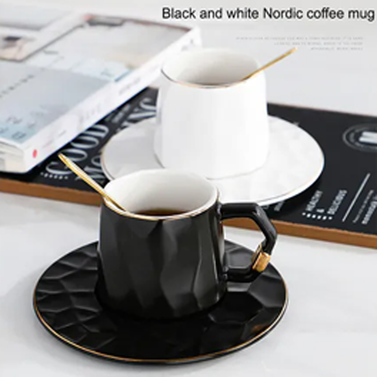 European Style Home Ceramic Coffee Cups Mugs Irregular Gold Rim Ceramic Coffee Cup and Saucer Sets