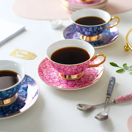 European Coffee Tea Set Espresso Cups Gemstone Blue Pink Bone China Coffee Cup Saucer