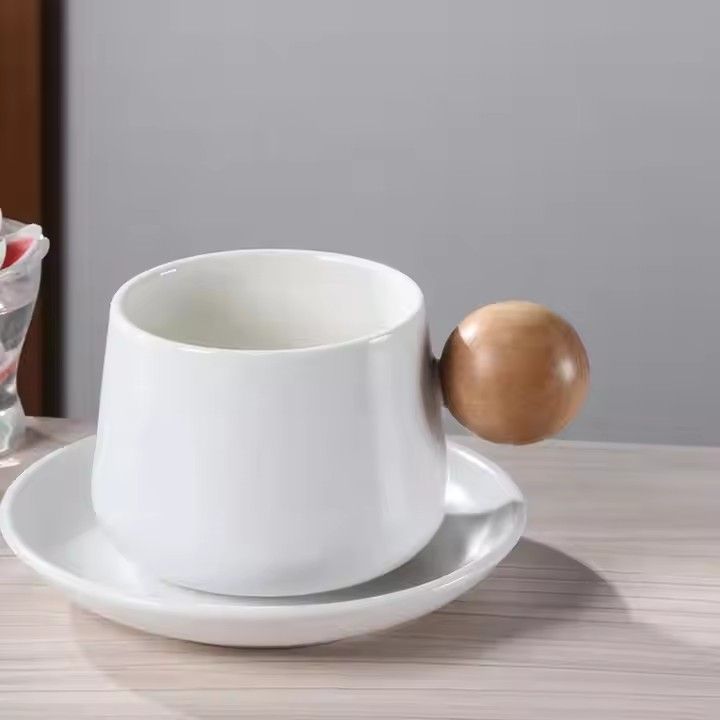 Minimalist handmade ceramic cup & saucer sets with wooden ball handle tea coffee cups and saucers gift set