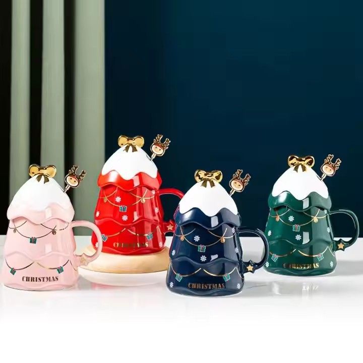 500ml ceramic Xmas tree cup gift cup coffee cup creative cartoon Christmas mug with lid and mixing bar