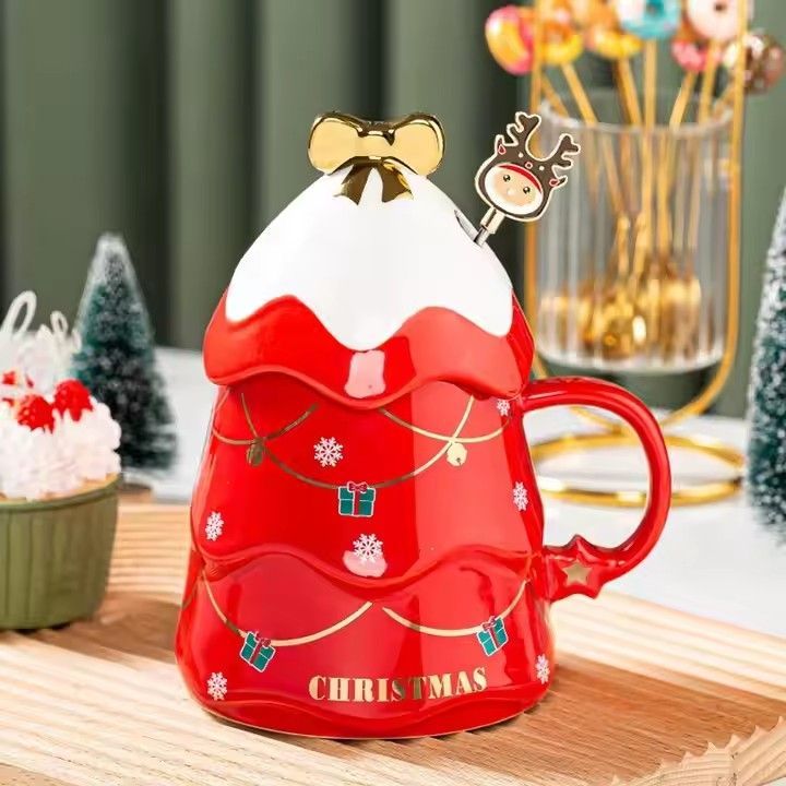 500ml ceramic Xmas tree cup gift cup coffee cup creative cartoon Christmas mug with lid and mixing bar