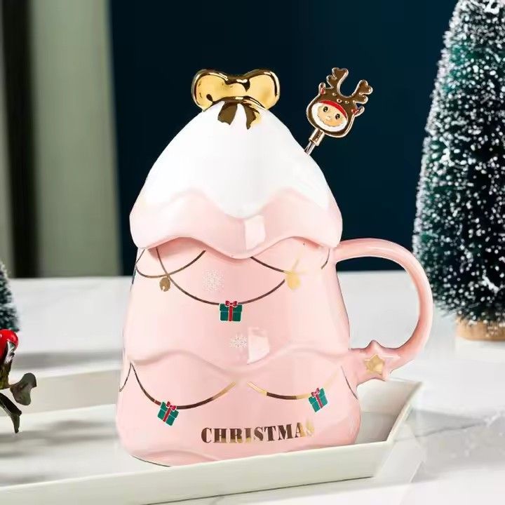 500ml ceramic Xmas tree cup gift cup coffee cup creative cartoon Christmas mug with lid and mixing bar