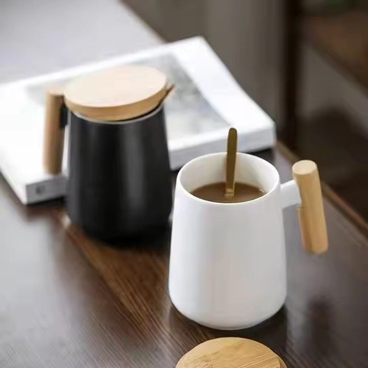 16oz white black ceramic drinkware bamboo lid and stir spoon wooden handle coffee mug