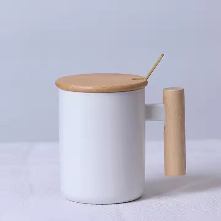 Wooden handle ceramic mug with bamboo lid blank white custom logo art coffee mug ceramic cups