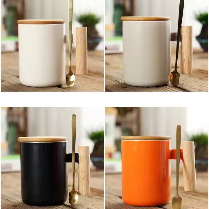 Hot sale nordic gift porcelain cup with lid and spoon,wooden handle ceramic coffee cup mug