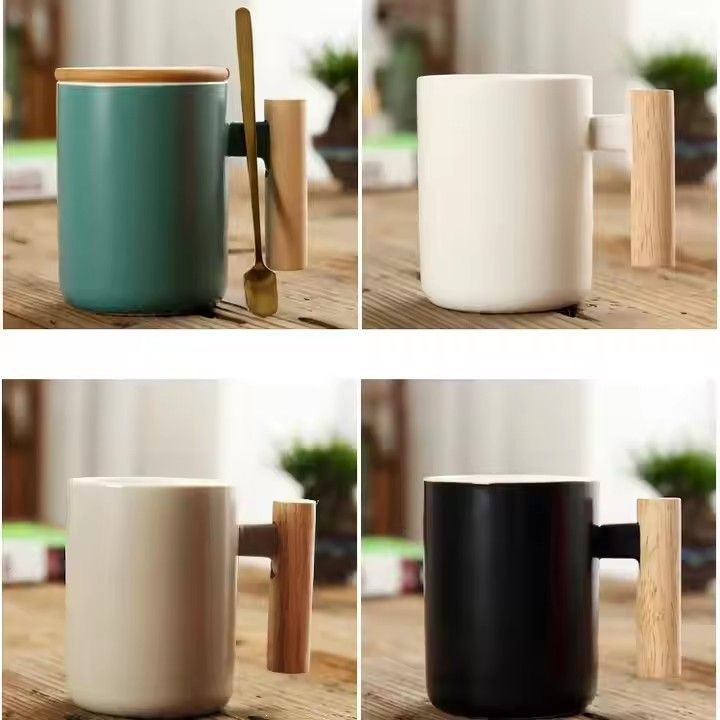 Hot sale nordic gift porcelain cup with lid and spoon,wooden handle ceramic coffee cup mug