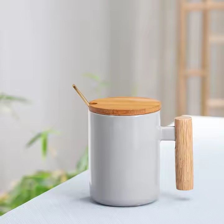 Hot sale nordic gift porcelain cup with lid and spoon,wooden handle ceramic coffee cup mug