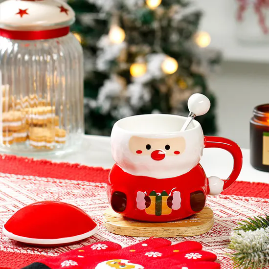 Christmas Ceramic Mug Cup with Lid Spoon Gift Xmas China Wholesale Custom Ceramic Mug with Lid