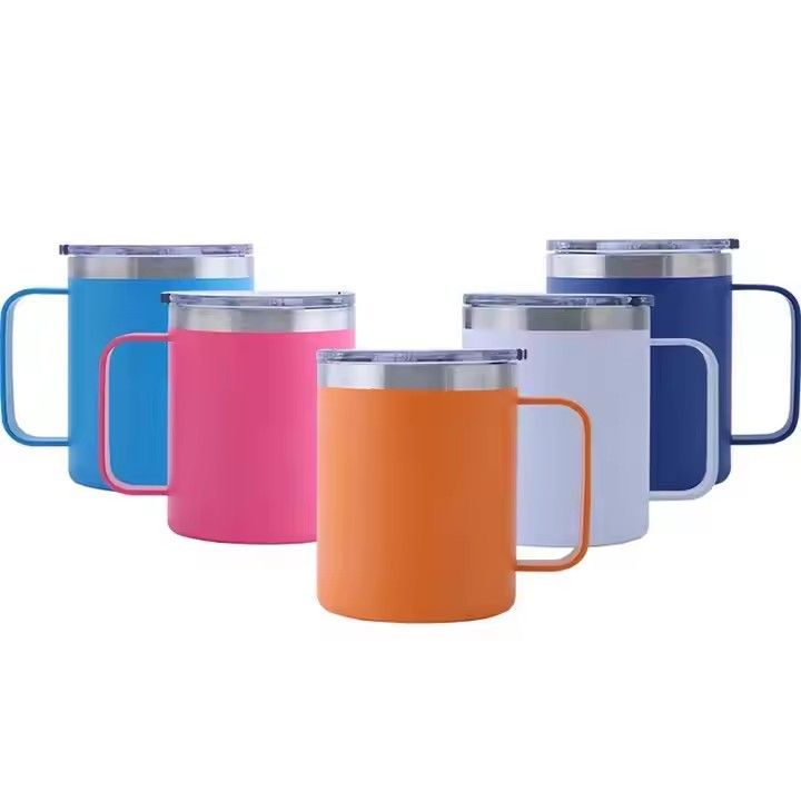 Portable 400ml modern plastic spraying double wall stainless steel coffee mug with handle 14oz trucker mug