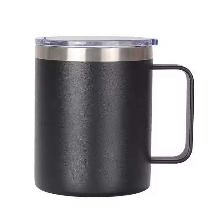 Portable 400ml modern plastic spraying double wall stainless steel coffee mug with handle 14oz trucker mug