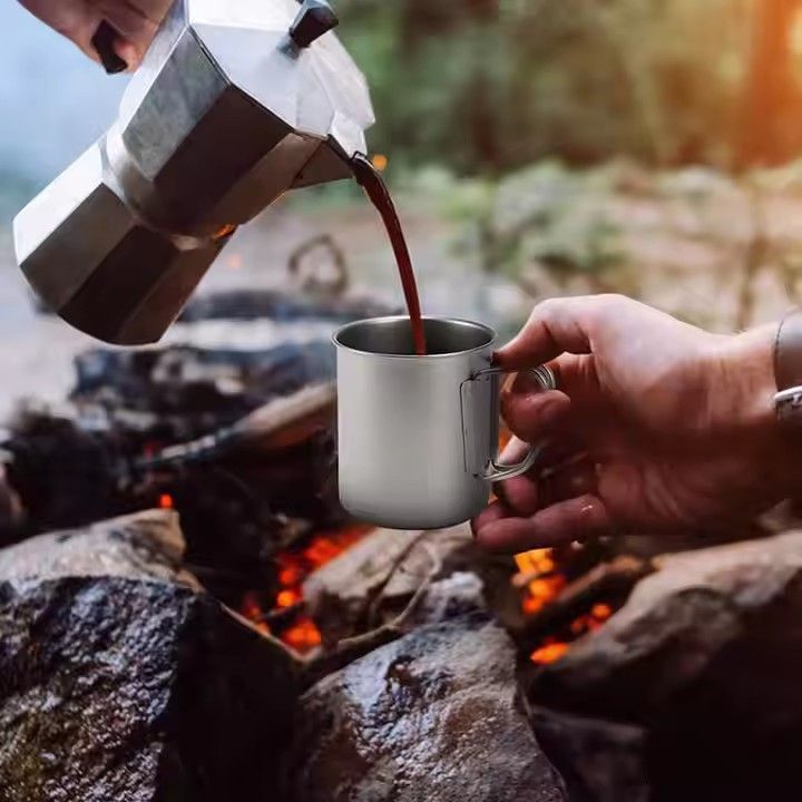 Outdoor camping mugs 420ml 500ml 750ml titanium coffee cup folding handle titanium cup