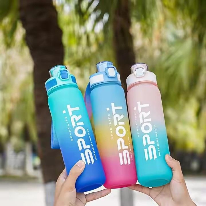 Fitness gym outdoor sport portable plastic water cup 1000ml gradient color bounce water bottle