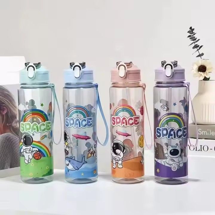 Plastic kids children portable cartoon frosted school student cup water bottle with straw