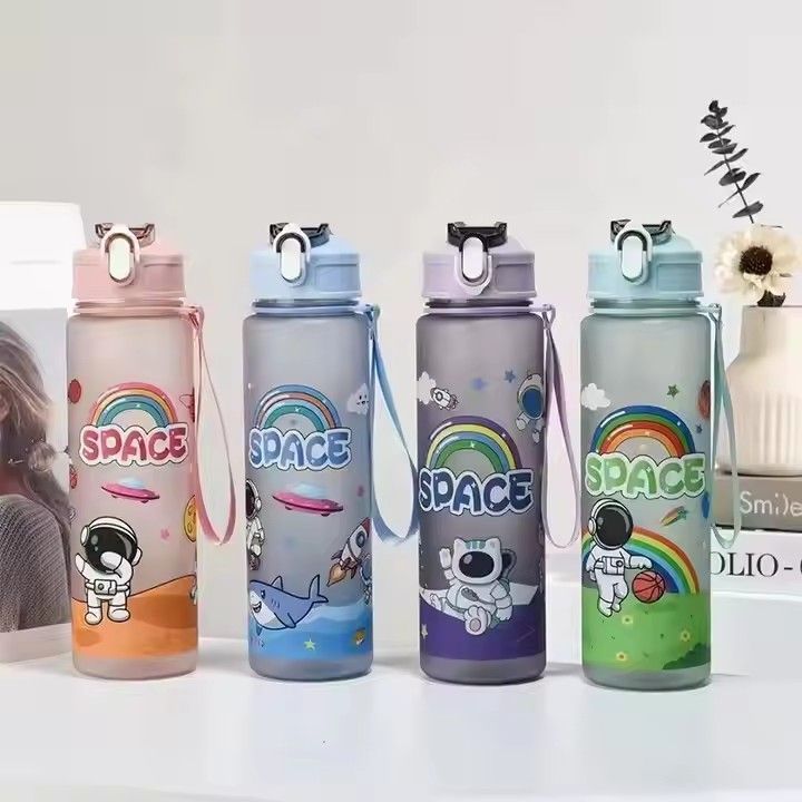 Plastic kids children portable cartoon frosted school student cup water bottle with straw